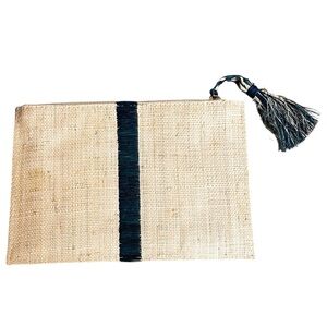 Kayu Straw Clutch Bag Pouch with Tassel Zip Closure Navy Stripe On Beige